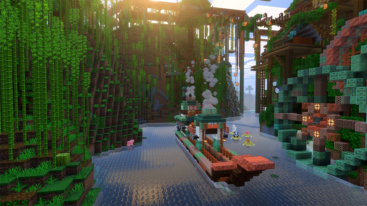 สิ่งปลูกสร้างทองแดงและเรือกลางป่าไผ่ใน Minecraft
